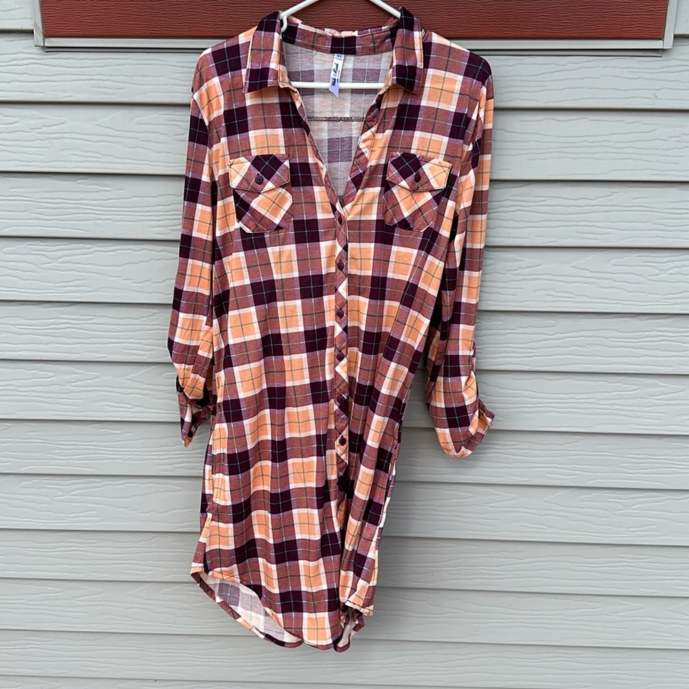 White Mark, Size XL, 3/4 Sleeve Plaid Dress with Pockets